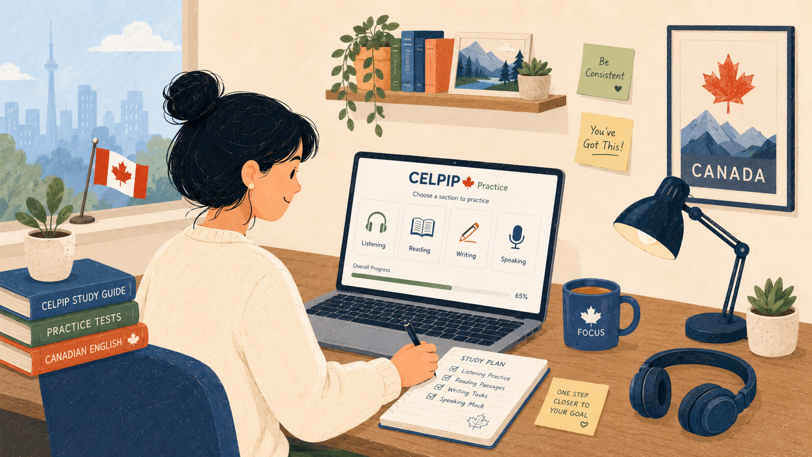 CELPIP prep study dashboard with practice sections and learning tools