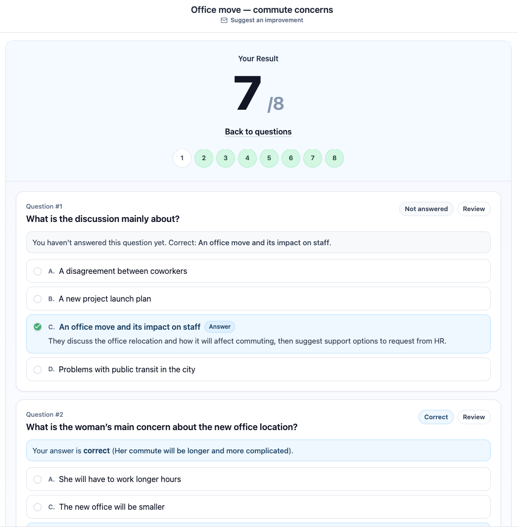 Listening results screen showing score, answers, and evidence