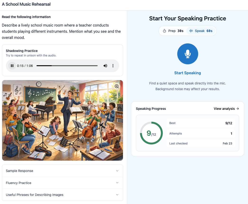 CELPIP speaking result screen with score, corrections, and feedback