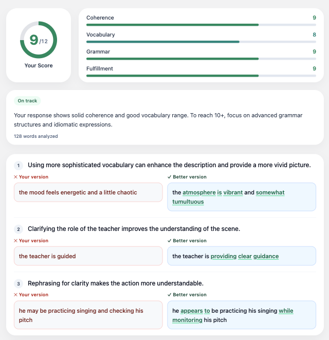 CELPIP feedback screen showing score and corrections