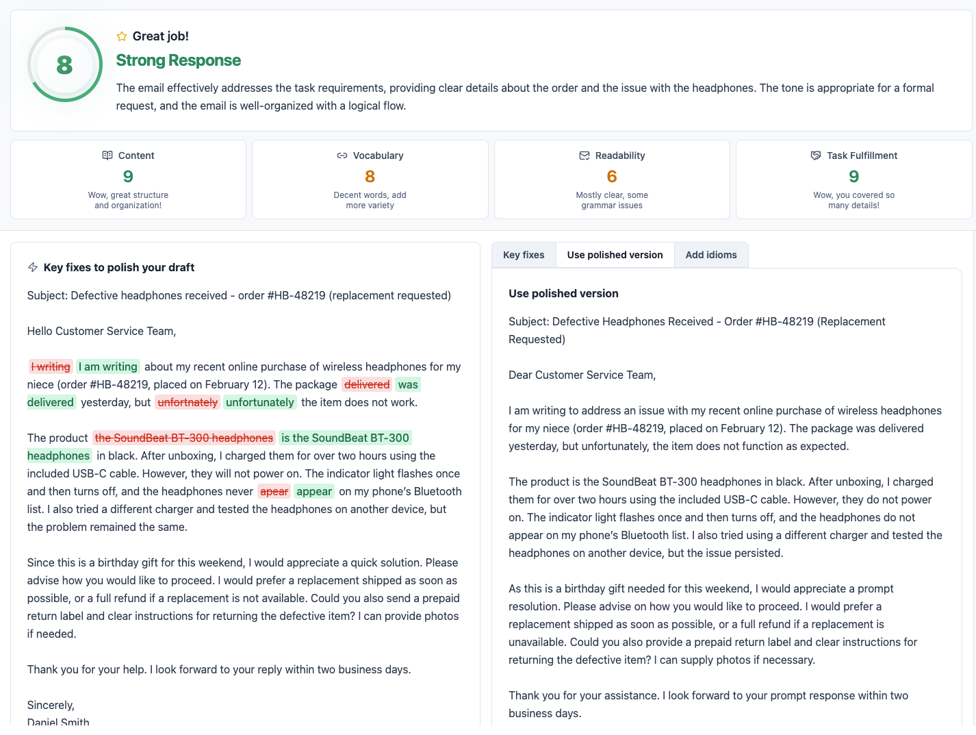 Writing feedback screen showing corrections, scores, and a polished version