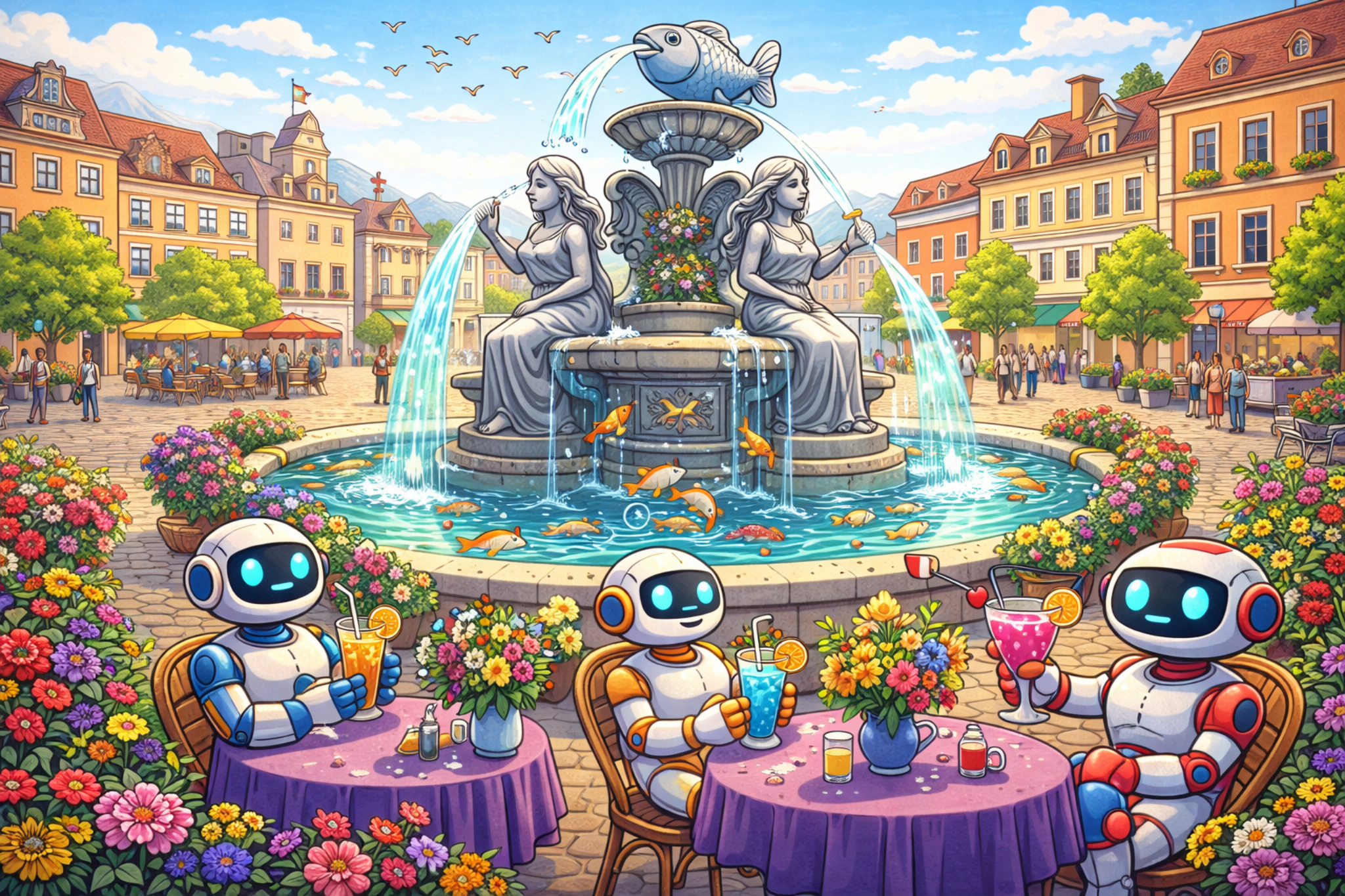 A sunny town square with a stone fountain and small robots at café tables