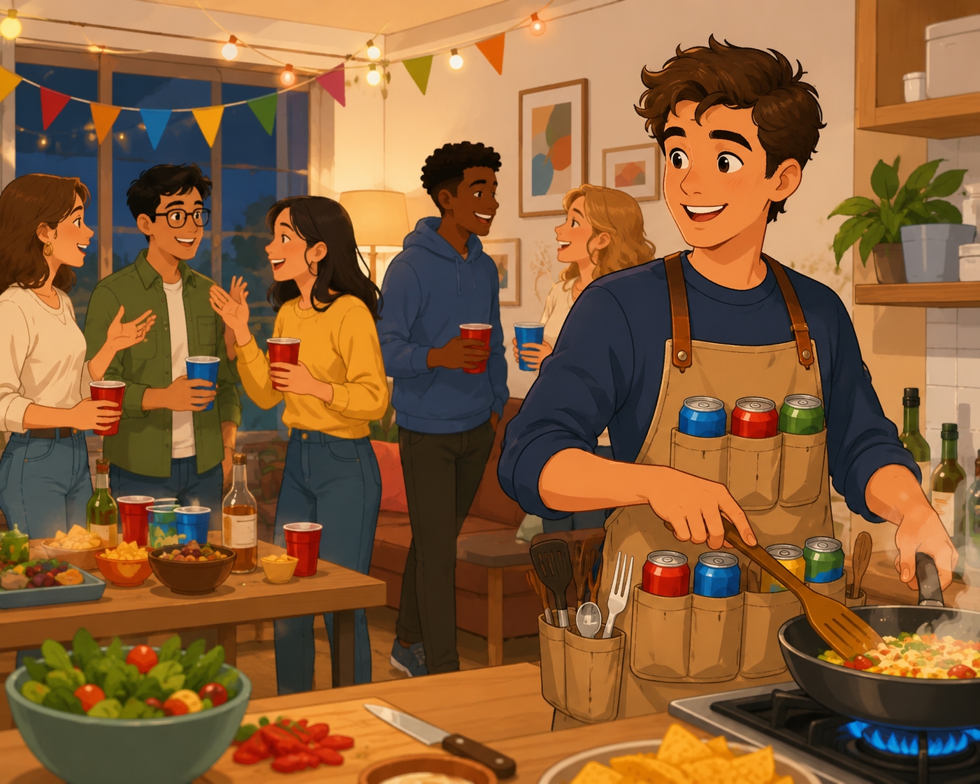 Friends at a house party with food, drinks, and a person cooking in the kitchen