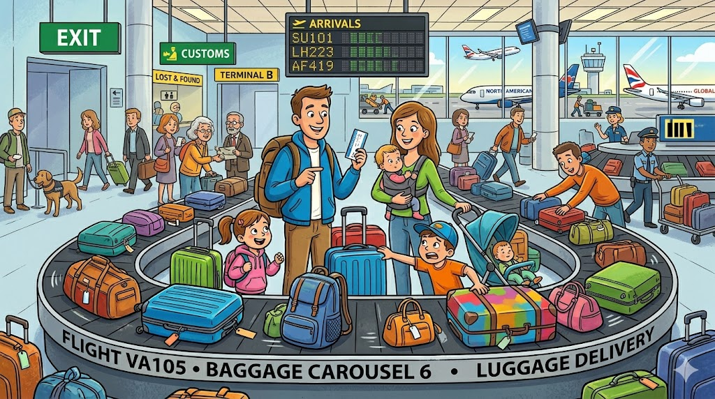An airport baggage claim area with people collecting suitcases from a carousel.